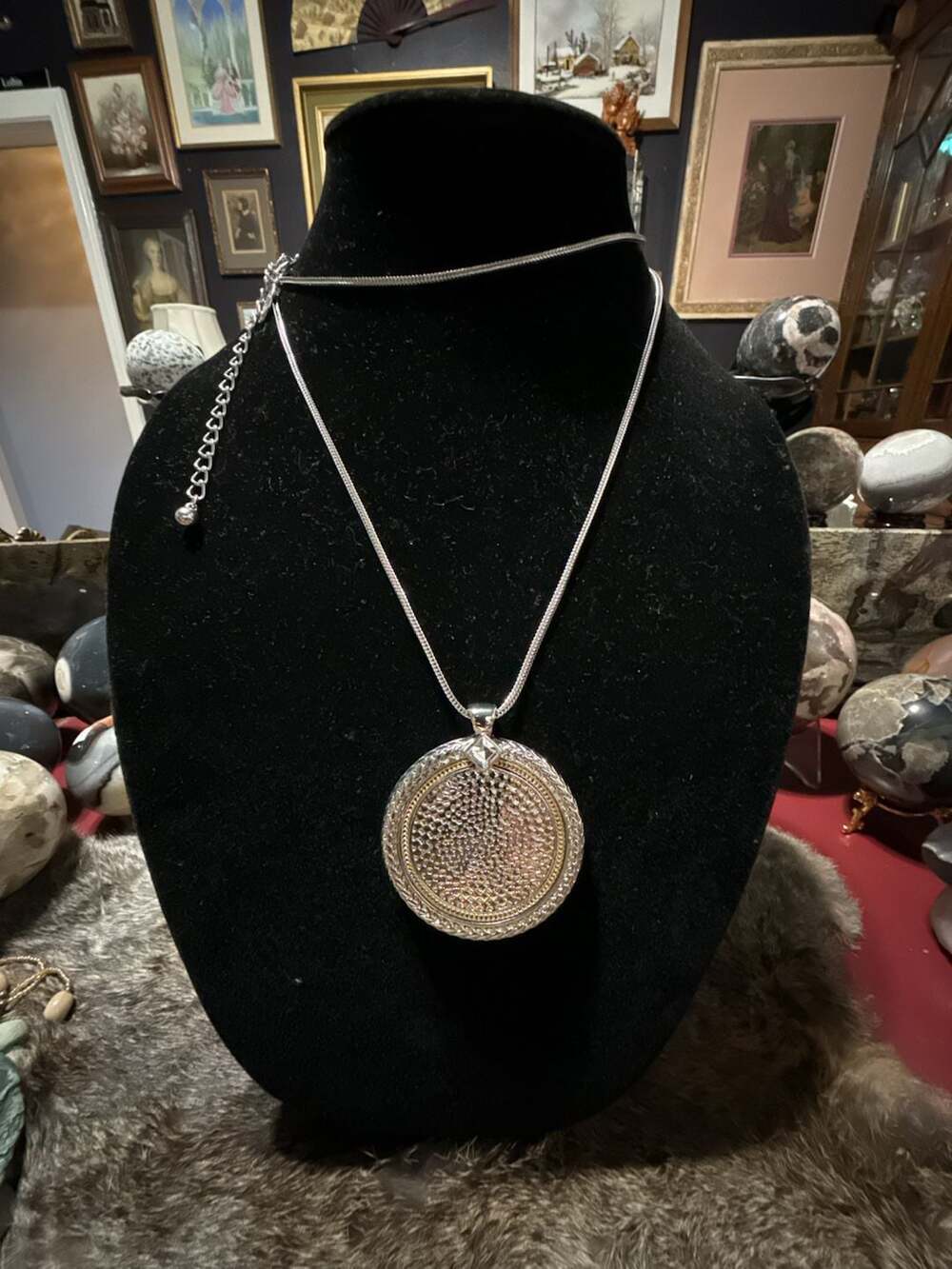 Chicos Silver Tone Pendant Necklace Two Tone Textured Disc